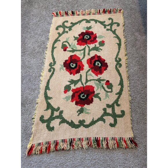Vtg Floral Poppy Design Woven Textile Tapestry Rug Carpet Handmade 40" x 23" - Picture 1 of 4